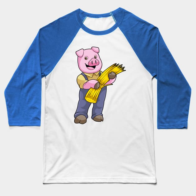 Pig as Farmer with Straw Baseball T-Shirt by Markus Schnabel